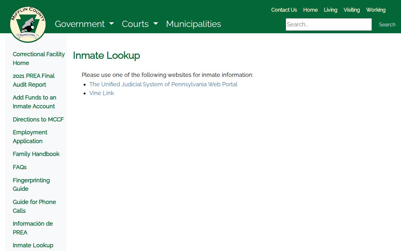 Mifflin County official inmate lookup instructions for booking and custody records