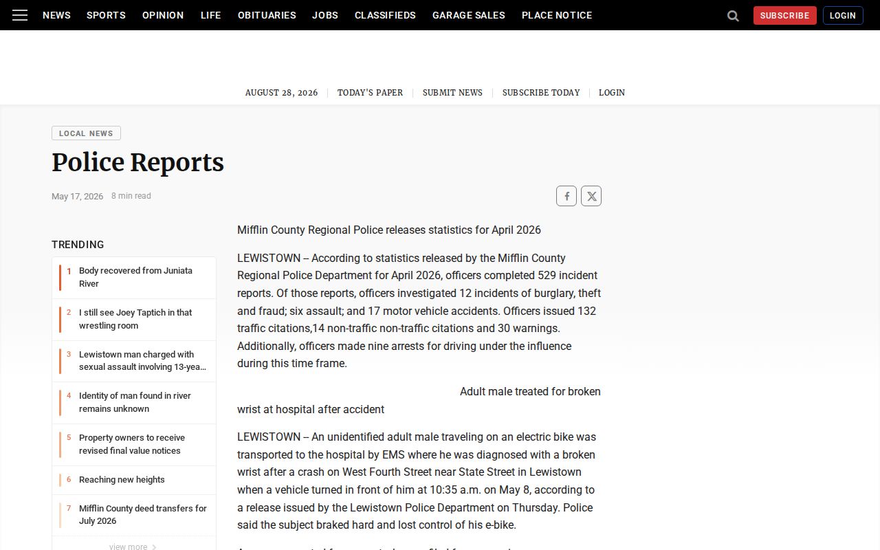Mifflin County local police report news source for arrest and booking context